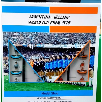 Subbuteo Andrew Table Soccer Argentina-Holland 1978 World Cup FInal with Tango official ball and WC Trophy on Aeolus II Professional bases